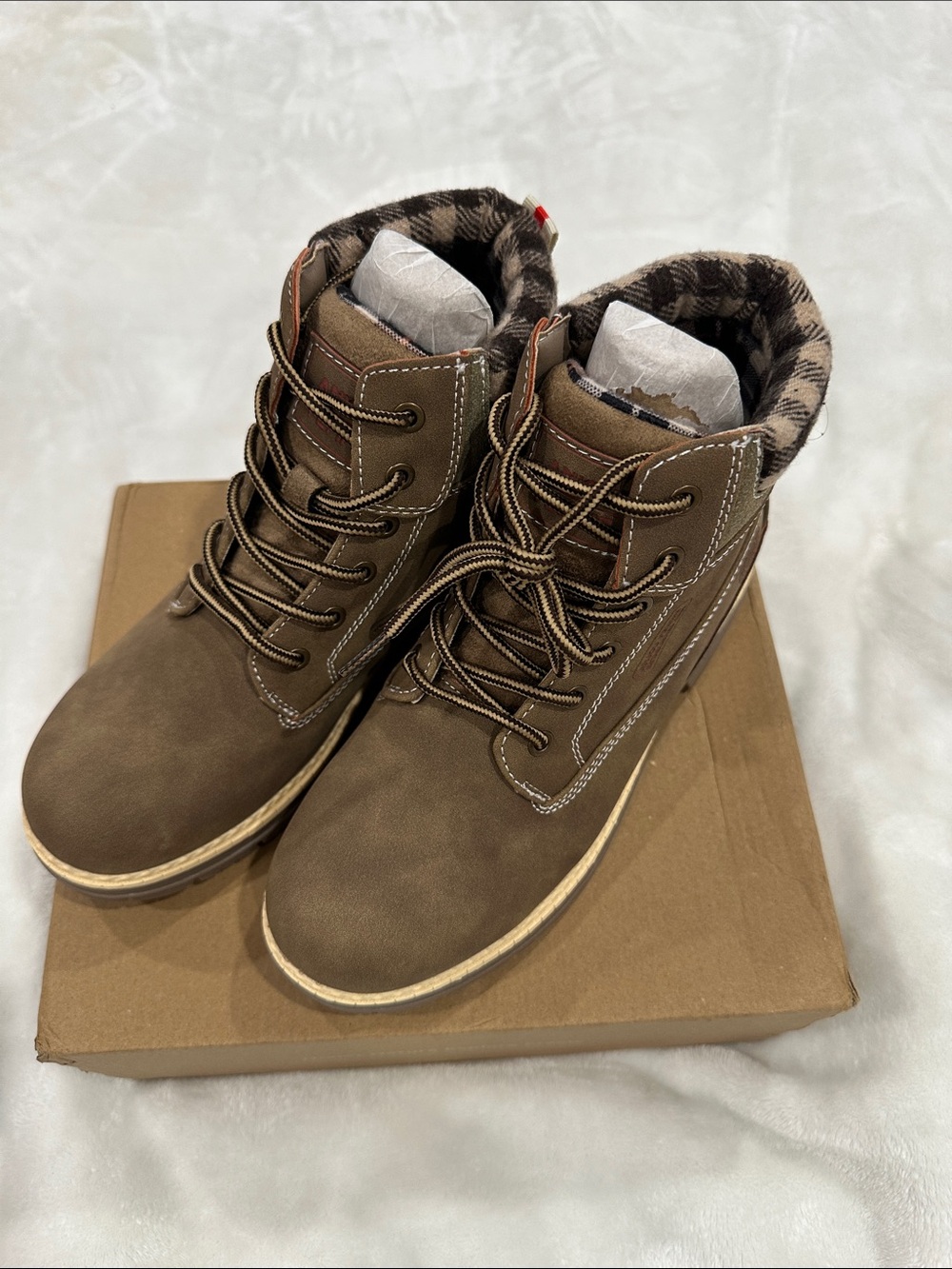 F&F Brown Lace-Up Work or hiking Boot with Plaid Collar - Picture 3 of 12